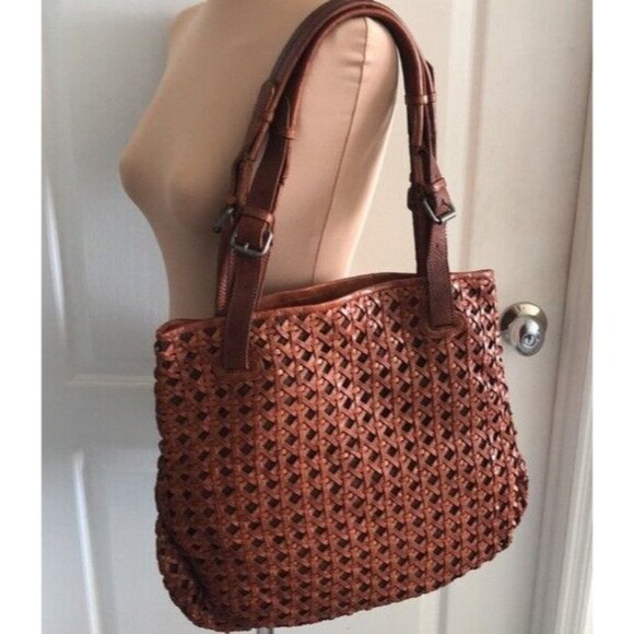 VILENCA HOLLAND Handbag Leather Woven Cut Out Buckle Tote Cognac New - Picture 8 of 14